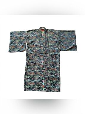 Vintage Double Peach Chinese Brocade Kimono Robe Lounge Coat Mid Century 50s 60s